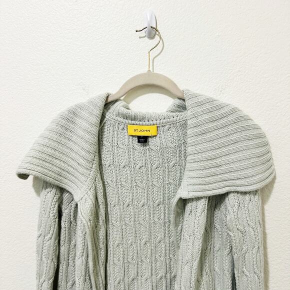 [St. John] Mint Green Open Front Chunky Cable Knit Cardigan Sweater Sz Petite P - Picture 3 of 9